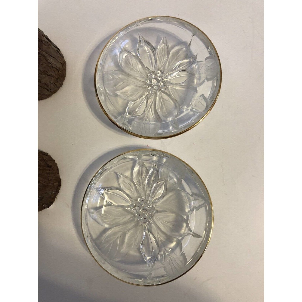 2 Vintage Mikasa Studio Nova Crystal Frosted Poinsettia Candy Bowl Trinket Dish